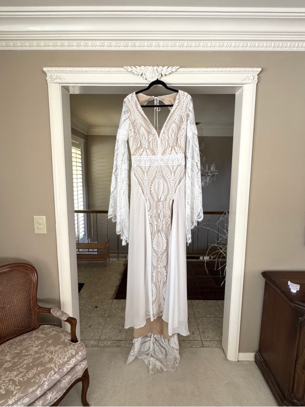 Boho Lace Long-Sleeve White Wedding Dress with Sheer Insets